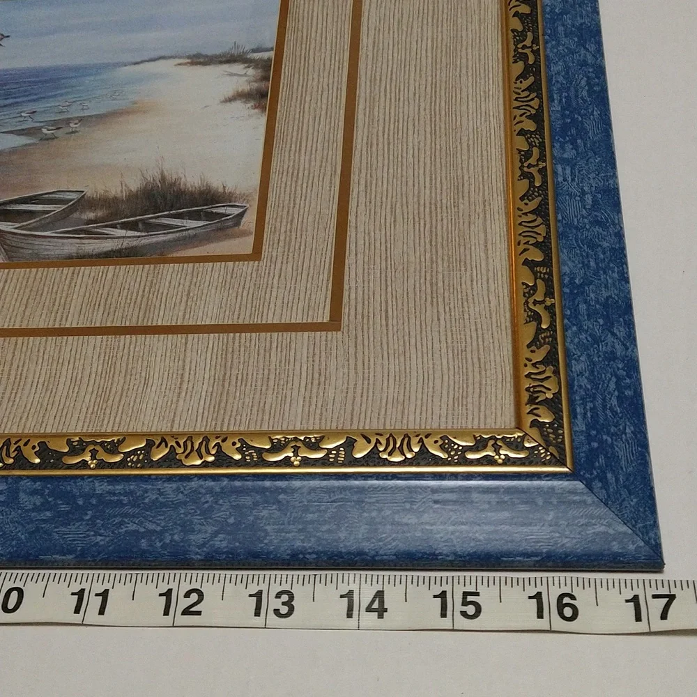 Vintage Elegant Coastal Framed Art with Blue and Gold Accents